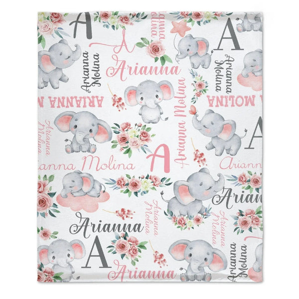 Floral Cute Elephant Personalized Customized Girl Blanket Birthday Gift Newborn Party Gift For Baby Kids Family