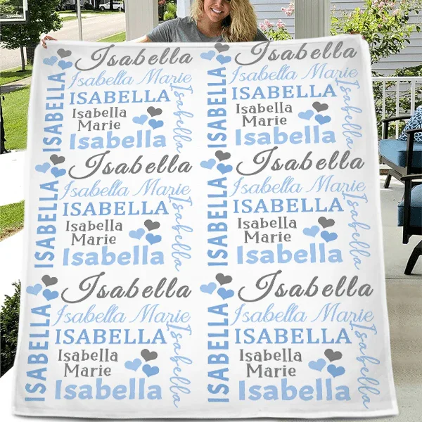 Hearts Name Blanket In Pink And Gray for Baby Girl