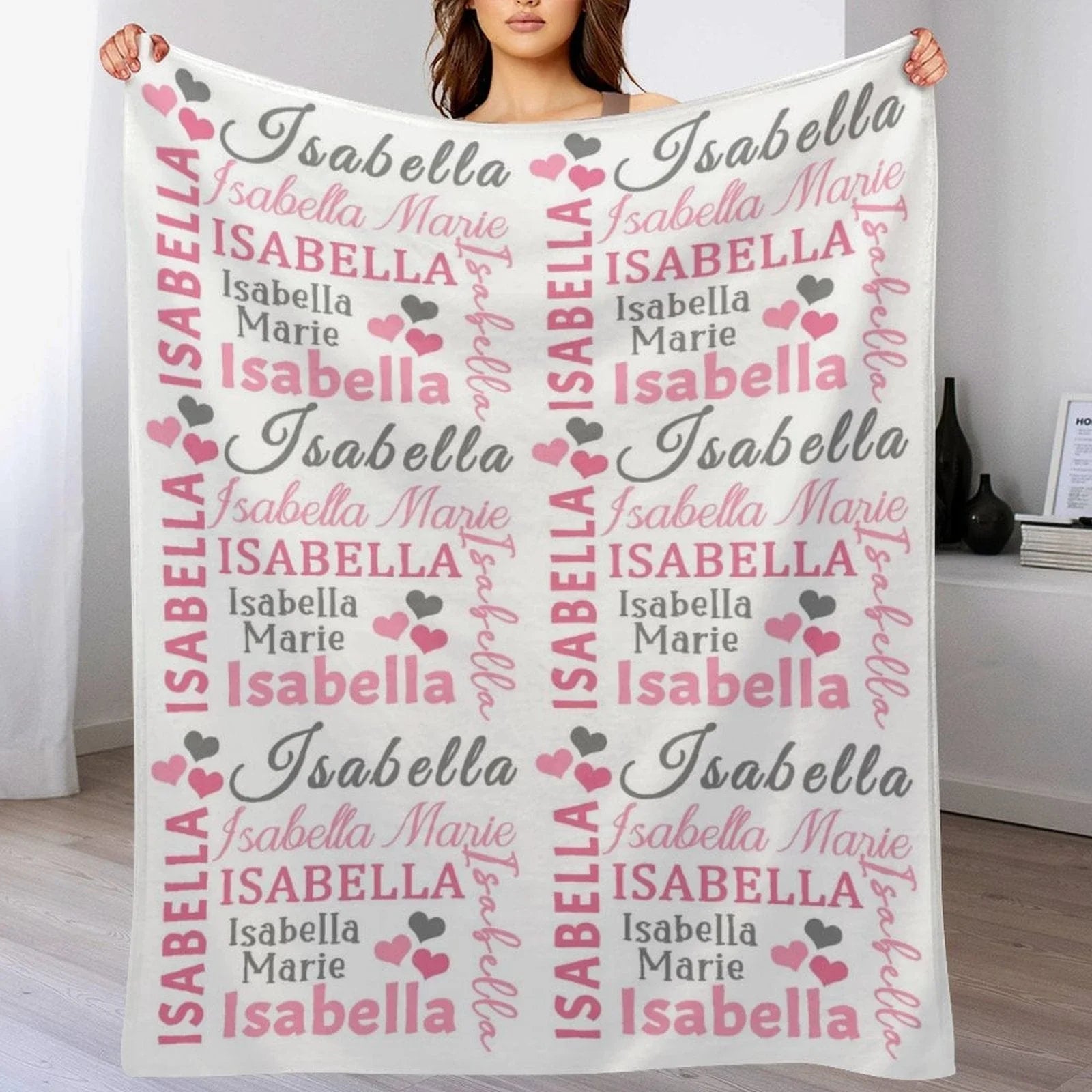 Hearts Name Blanket In Pink And Gray for Baby Girl