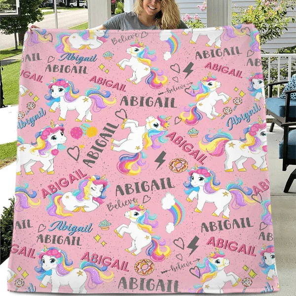 Personalized Black Pink Funny Unicorn Custom Name Blanket for Girls