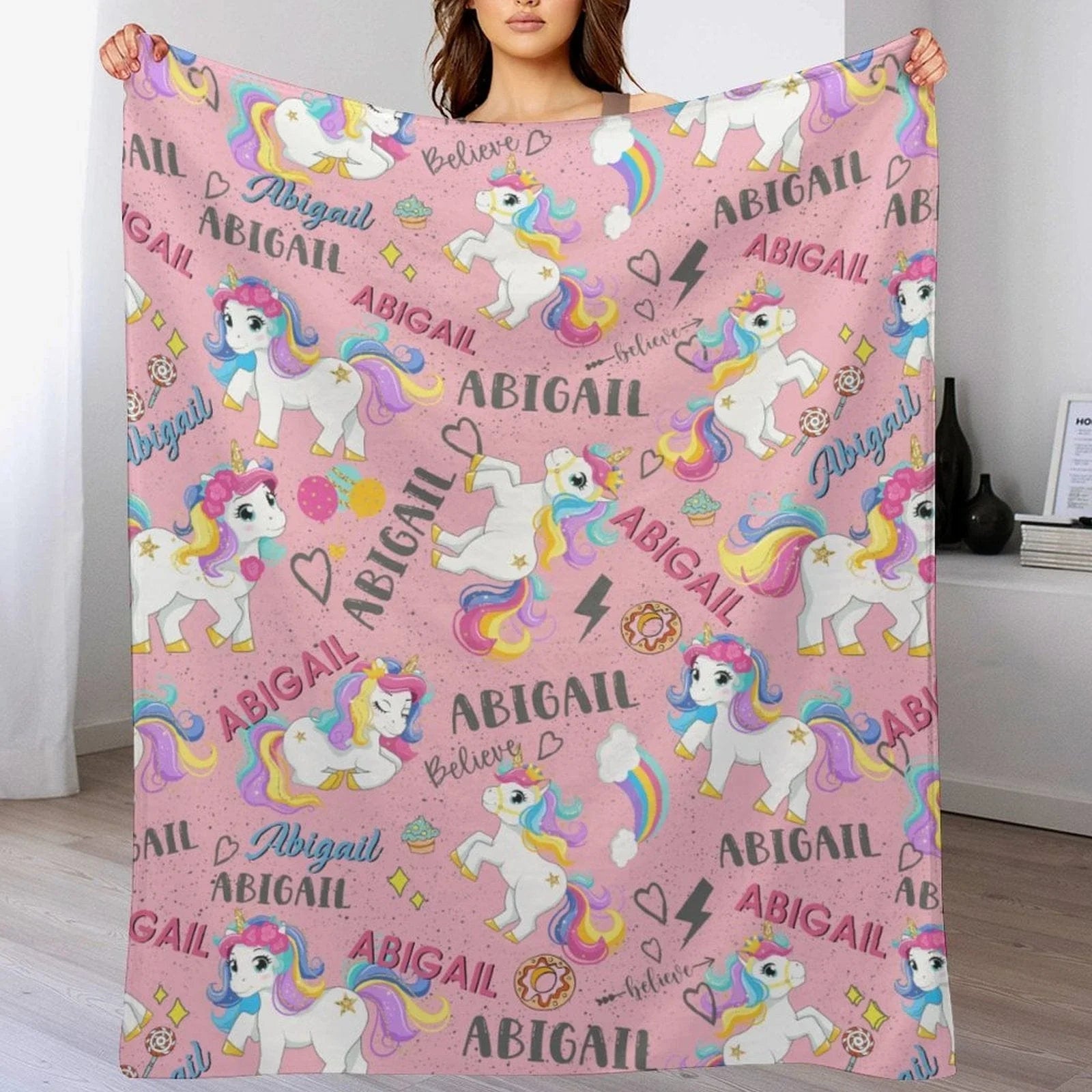 Personalized Black Pink Funny Unicorn Custom Name Blanket for Girls