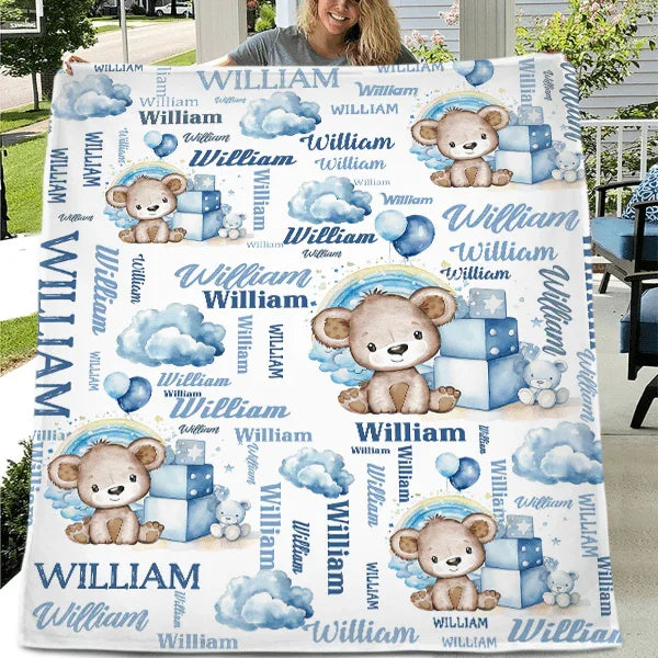 Personalized Blue And Pink Bear Cloud Name Blanket - Joliny