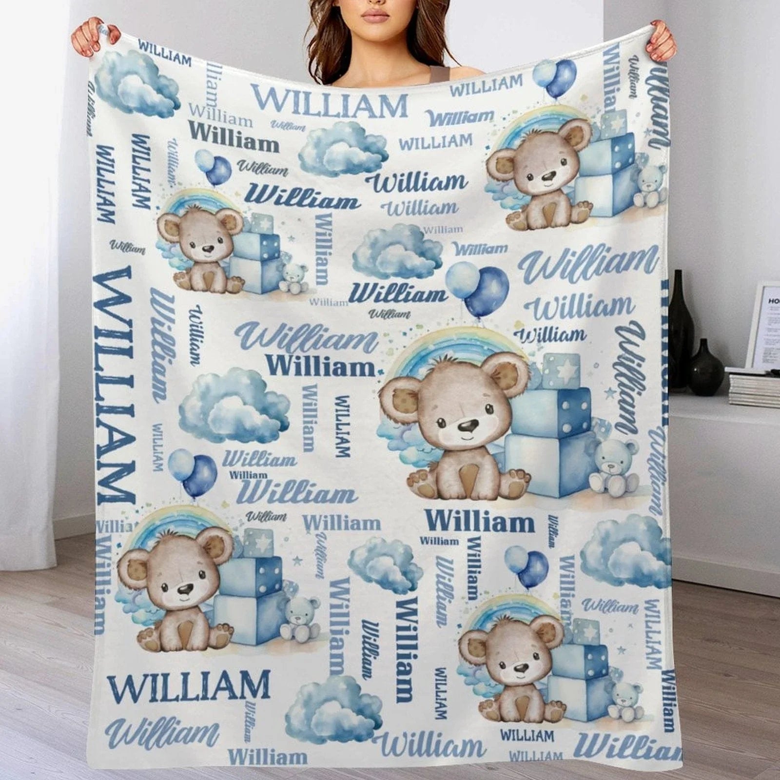 Personalized Blue And Pink Bear Cloud Name Blanket