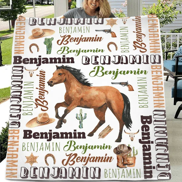Personalized Brown Horse Denim Customized Name Blanket