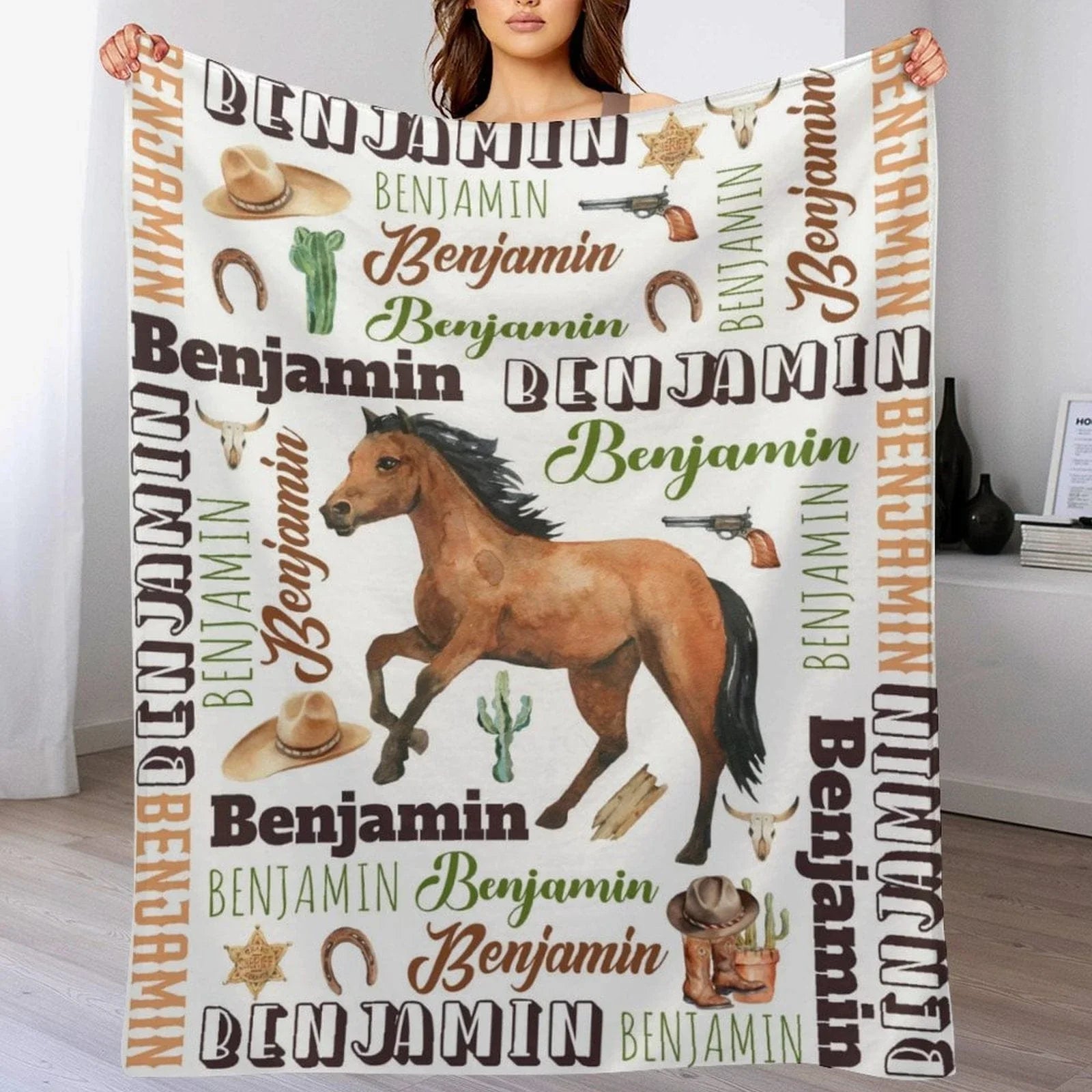 Personalized Brown Horse Denim Customized Name Blanket
