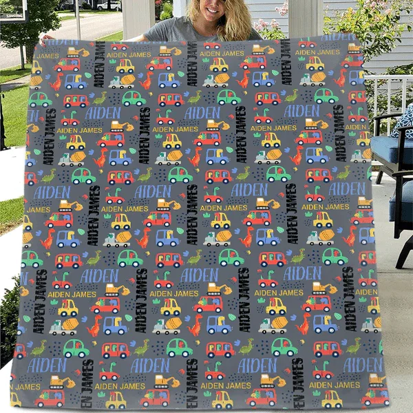 Personalized Custom Name Blanket - Mini Dinosaur Car