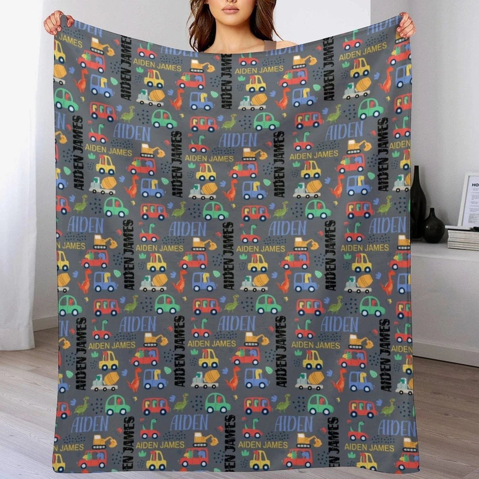 Personalized Custom Name Blanket - Mini Dinosaur Car
