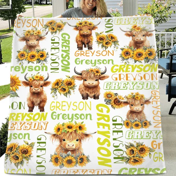 Personalized Daisy Highland Cow Baby Blanket with Name - Joliny