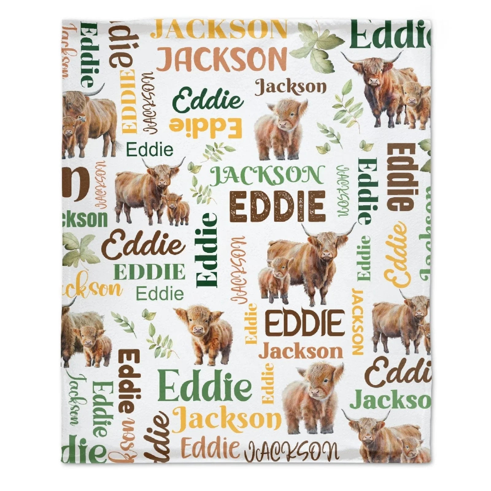 Personalized Highland Bull Calf And Leaf Name Blanket - Joliny