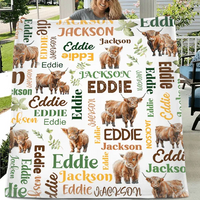 Personalized Highland Bull Calf And Leaf Name Blanket - Joliny