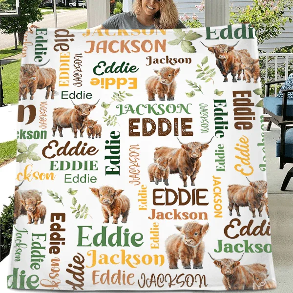 Personalized Highland Bull Calf And Leaf Name Blanket - Joliny