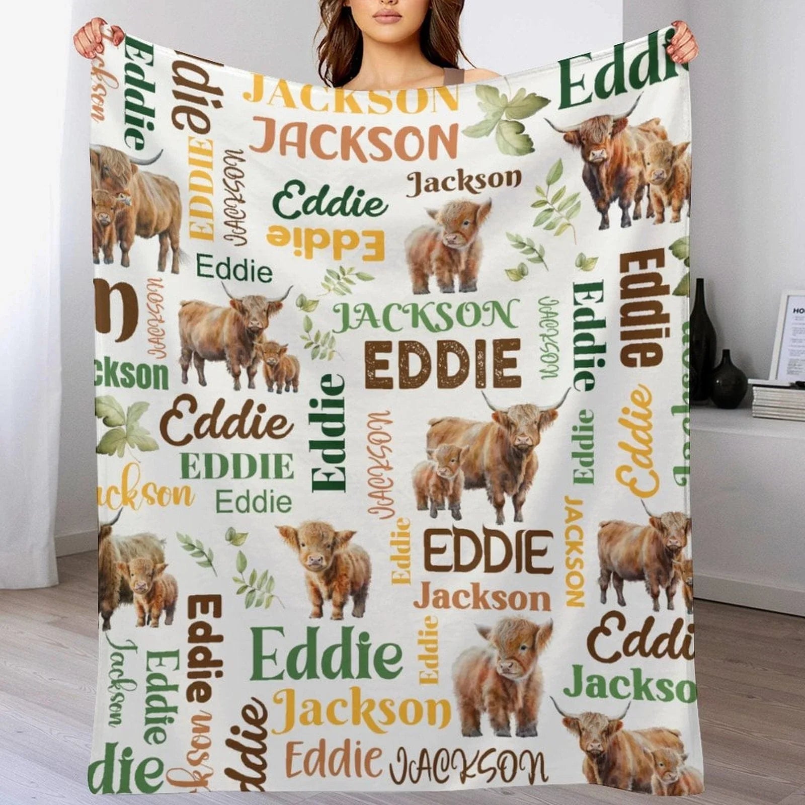 Personalized Highland Bull Calf And Leaf Name Blanket