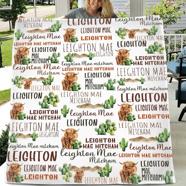 Personalized Highland Cow Cactus Sand Pile Name Blanket - Joliny