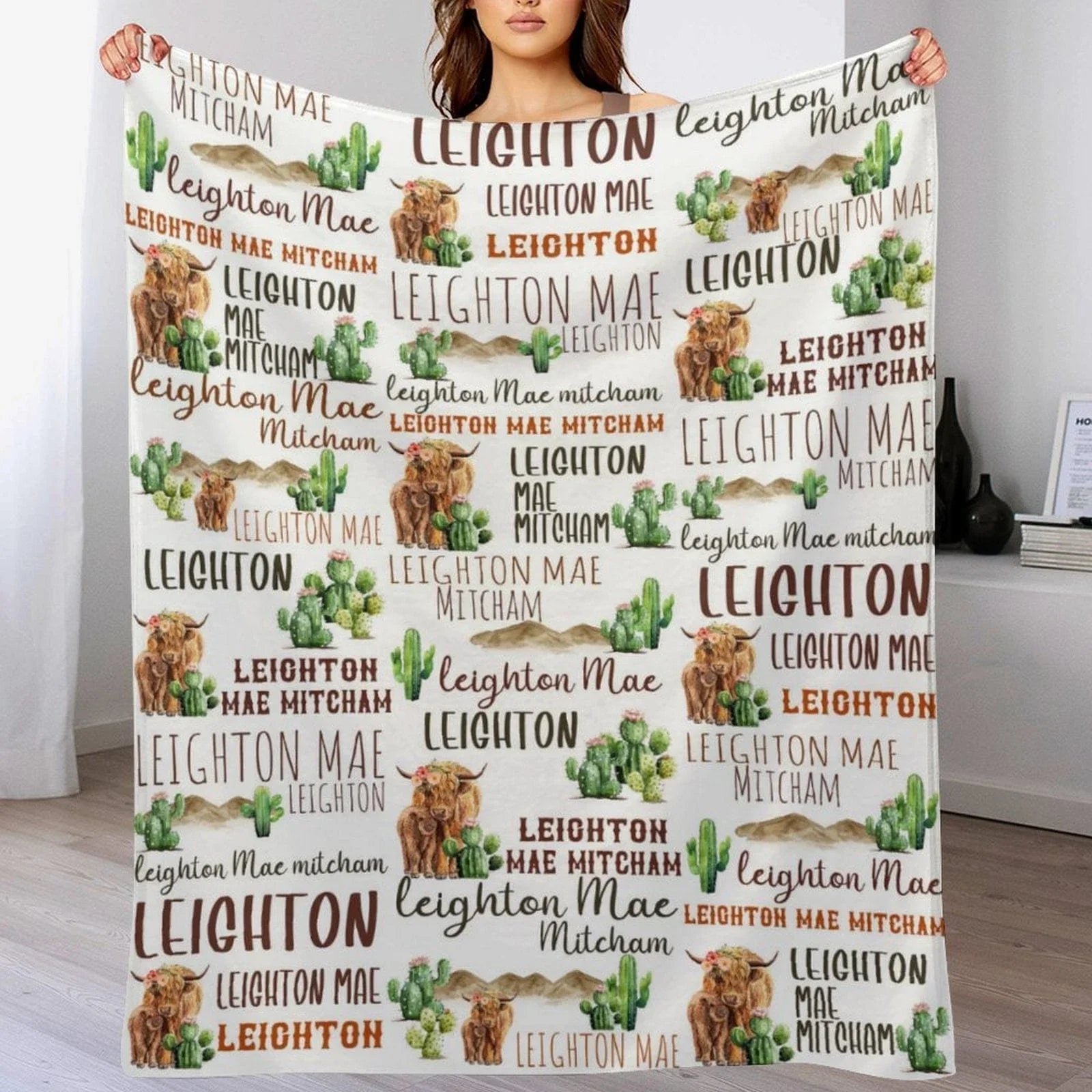 Personalized Highland Cow Cactus Sand Pile Name Blanket