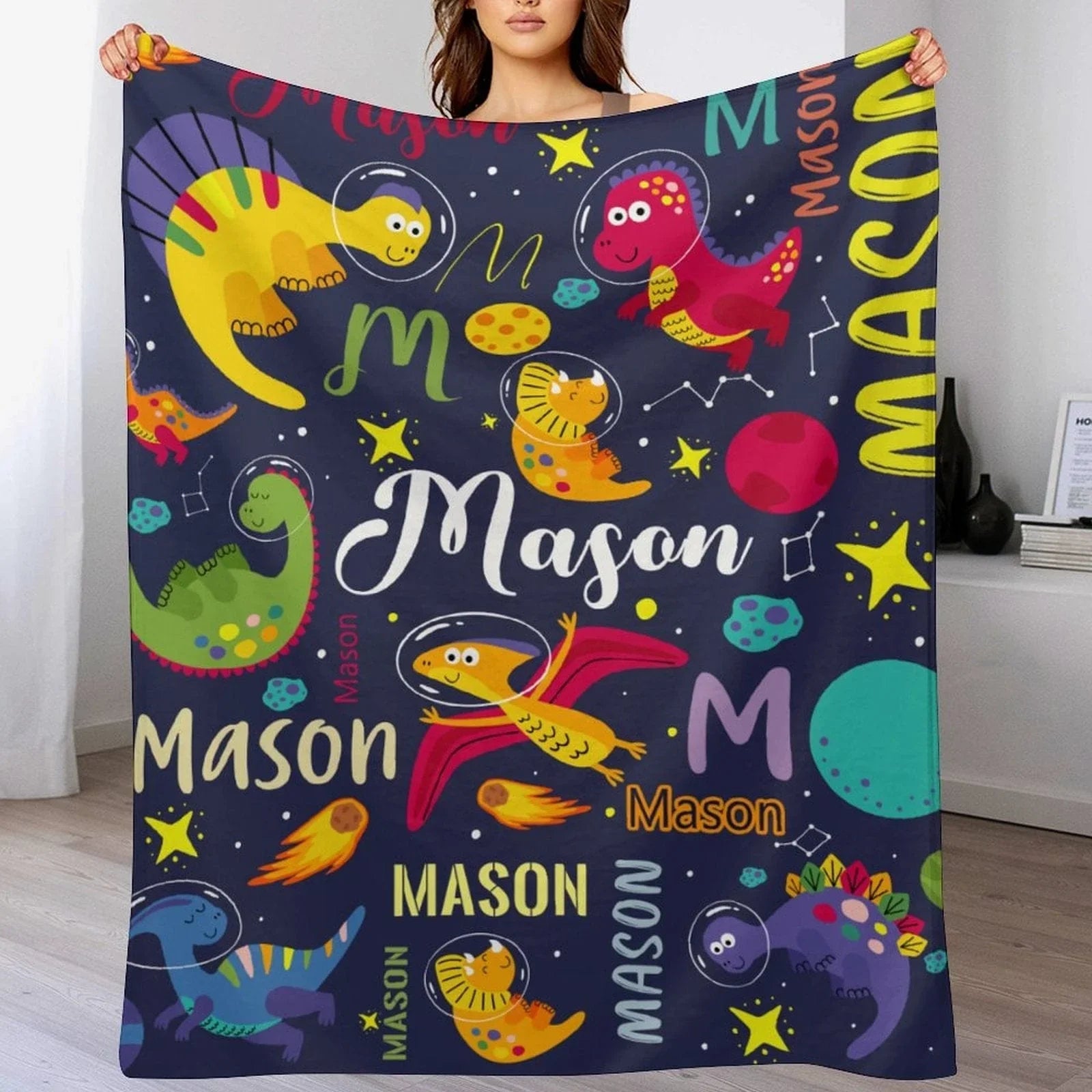Personalized Outspace Dinosaur Blanket for Boys, Custom Name Blanket