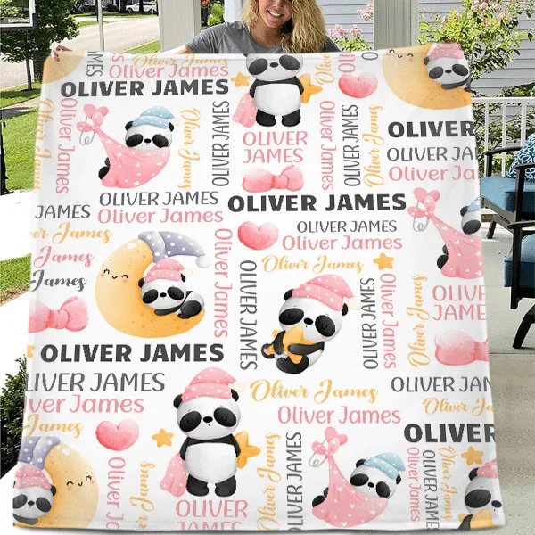 Personalized Pink Nightcap Bow Panda Baby Shower Blanket