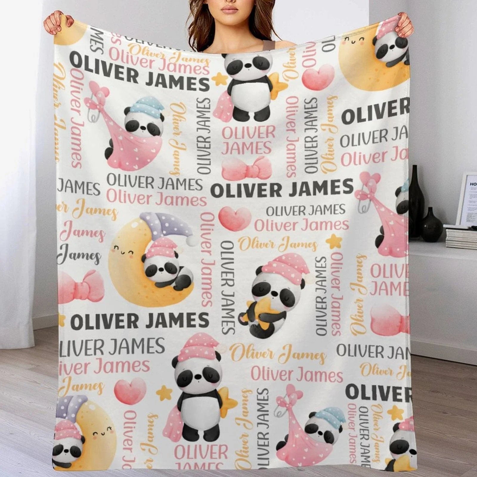 Personalized Pink Nightcap Bow Panda Baby Shower Blanket