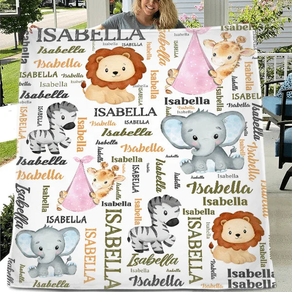 Personalized Pink Pocket Deer, Elephant, Zebra, Lion Animal Blanket With Colorful Names