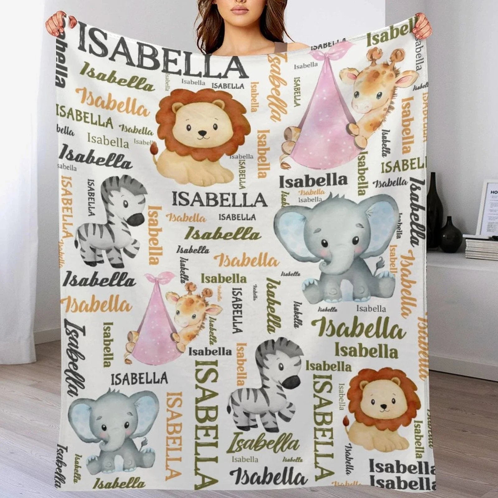 Personalized Pink Pocket Deer, Elephant, Zebra, Lion Animal Blanket With Colorful Names