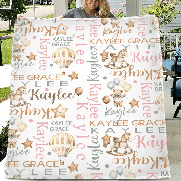 Personalized Trojan Bear Hot Air Balloon Name Blanket, Custom Newborn Gift