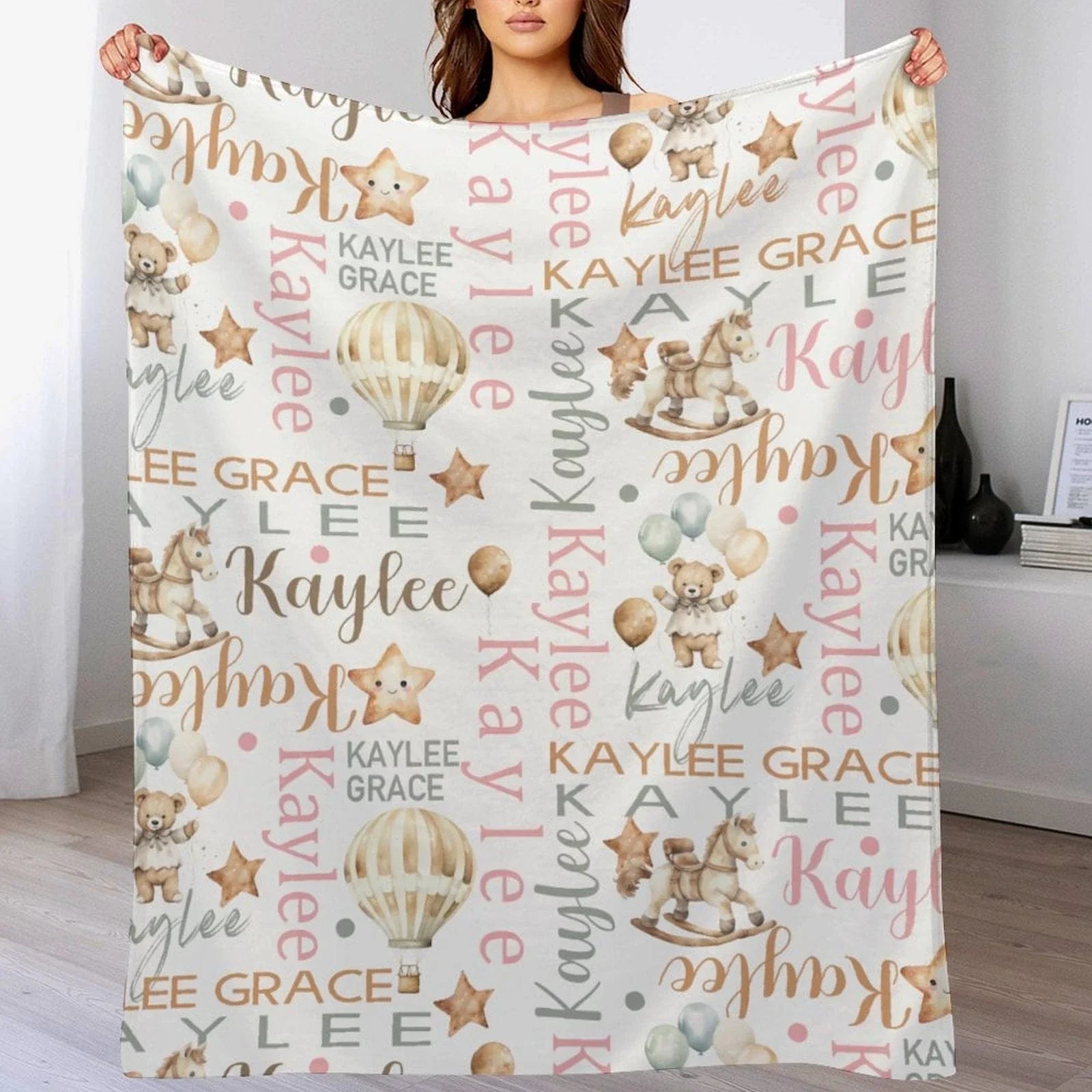 Personalized Trojan Bear Hot Air Balloon Name Blanket, Custom Newborn Gift