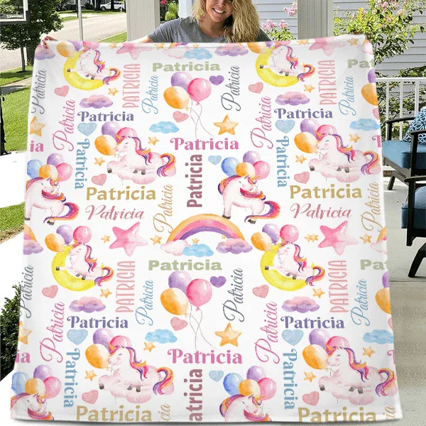 Personalized Unicorn Blanket for Baby Girl, Custom Name Rainbow Balloon Pattern Throw