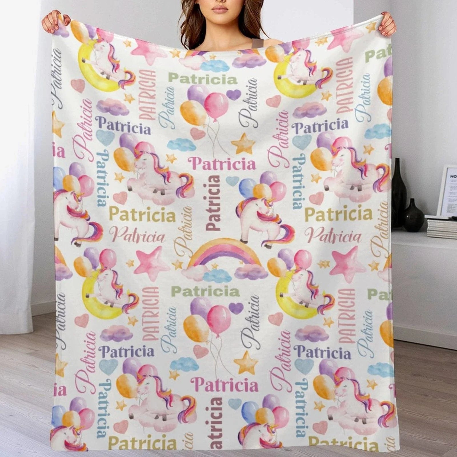 Personalized Unicorn Blanket for Baby Girl, Custom Name Rainbow Balloon Pattern Throw