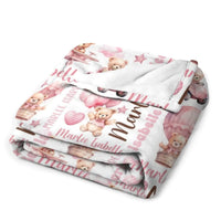 Pink Teddy Bear Baby Girl Blanket, Personalized Baby Blanket, Bear with Balloons - Joliny