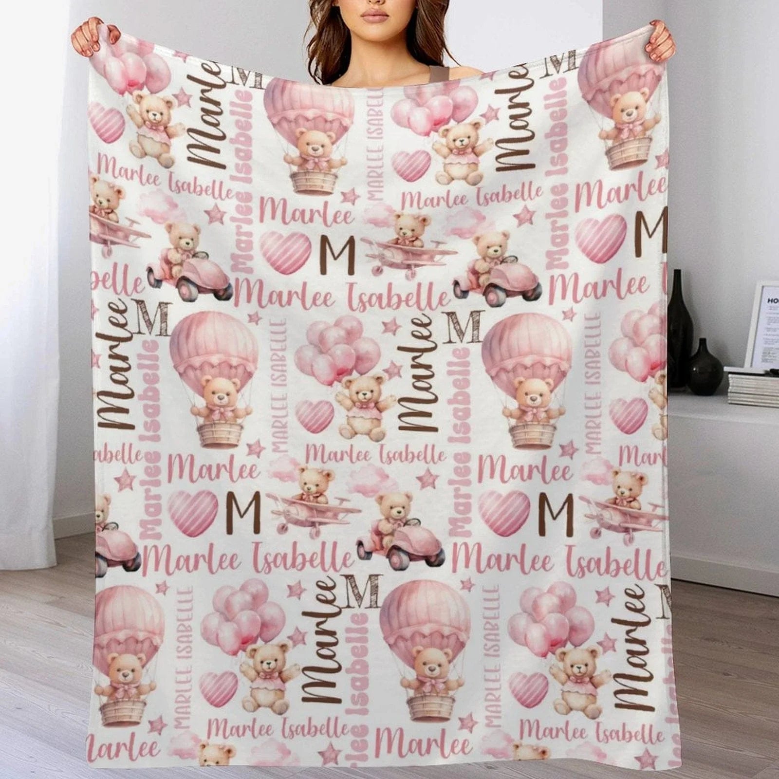 Pink Teddy Bear Baby Girl Blanket, Personalized Baby Blanket, Bear with Balloons