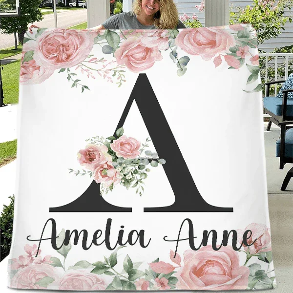 Pink Watercolor floral Monogram Baby Blanket
