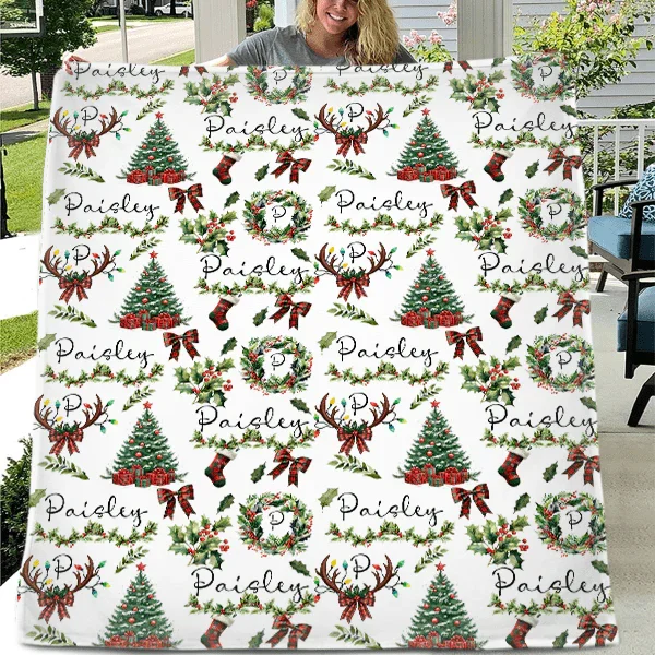 Christmas Wreath Customized Baby Blanket - Personalized Name Christmas Wishes Warm Flannel Blanket - Christmas Gift For Baby,Child - Joliny
