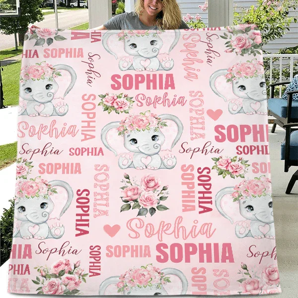 Custom Elephant Baby Blanket - Elephant Pattern Personalized Name Pink Blanket - A Gift For Child,Baby - Joliny