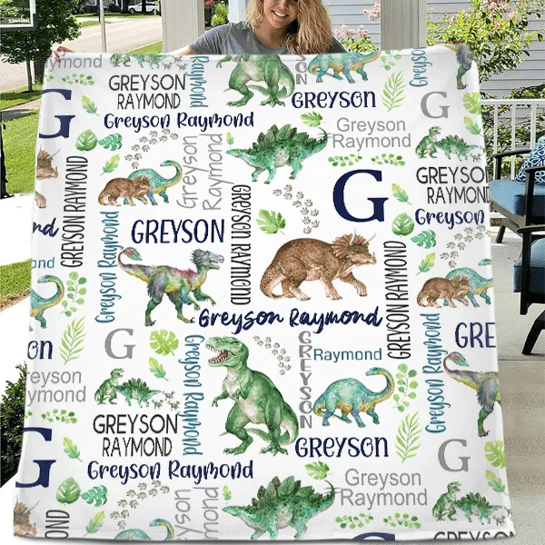 Customised Dinosaur Pattern Blanket - Personalised Name Dinosaur Blanket - A Gift For Child,Baby,Friend - Joliny