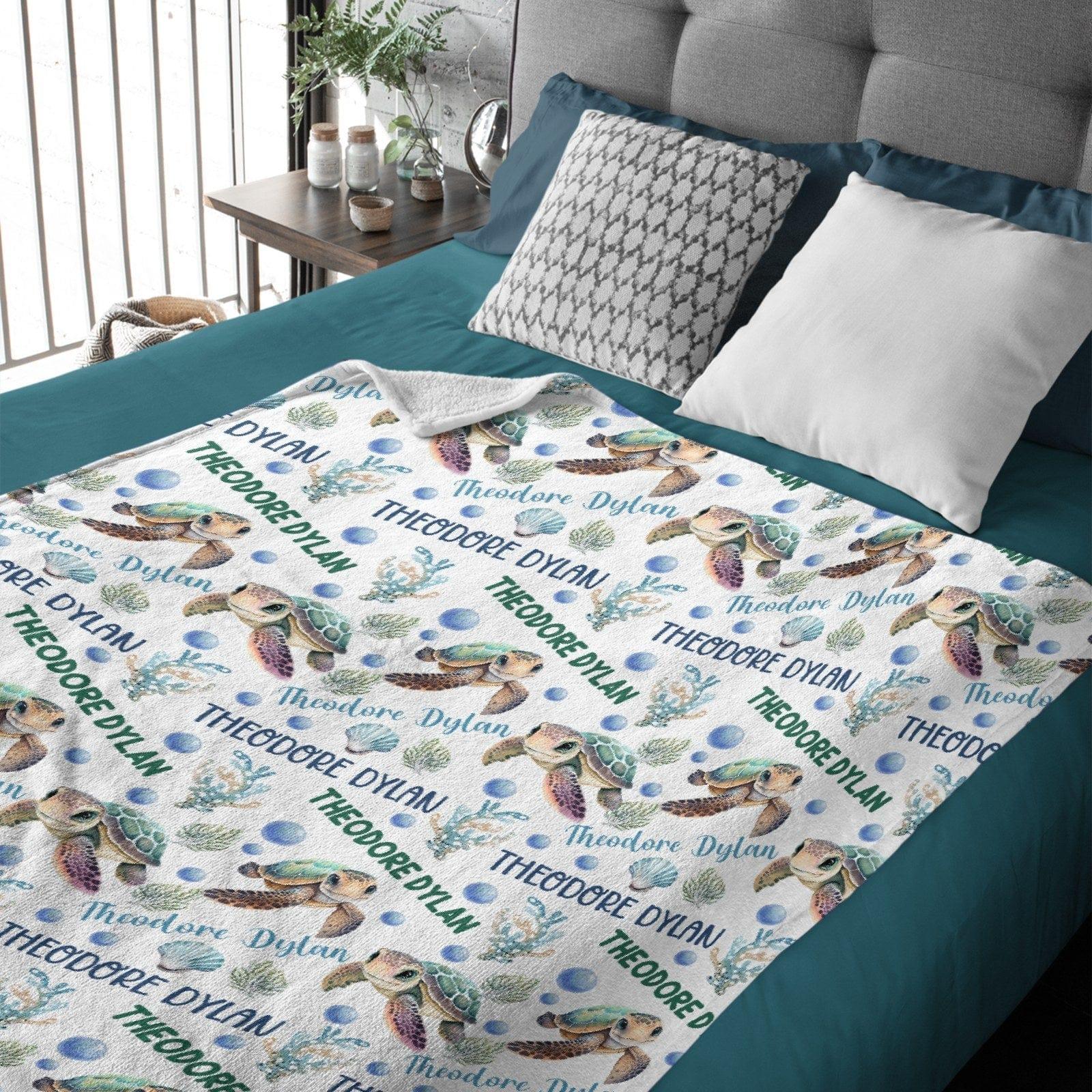 Customised Turtle Pattern Blanket - Personalised Name Turtle Blanket - A Gift For Child,Newborns - Joliny