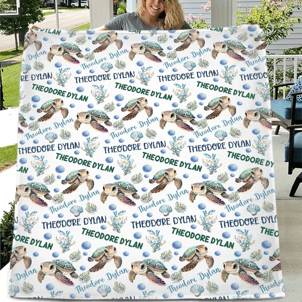 Customised Turtle Pattern Blanket - Personalised Name Turtle Blanket - A Gift For Child,Newborns - Joliny