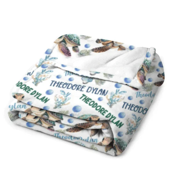 Customised Turtle Pattern Blanket - Personalised Name Turtle Blanket - A Gift For Child,Newborns - Joliny