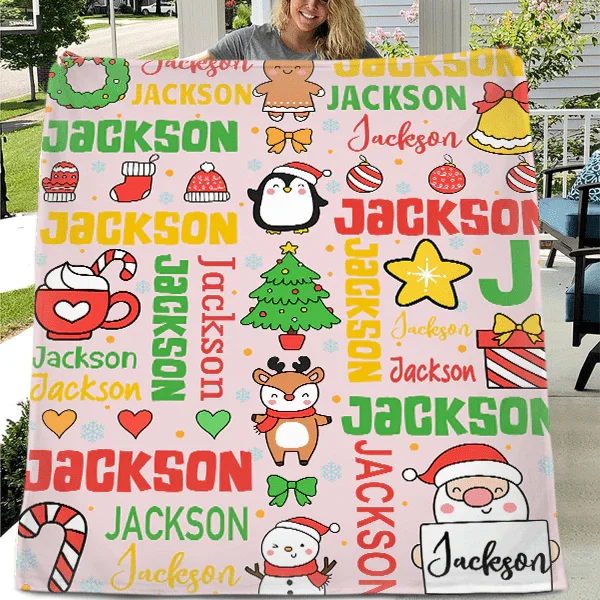 Customized Blankets for Christmas Day - Personalized Name Cartoon Pattern Christmas Blanket - Christmas Gift For Child - Joliny