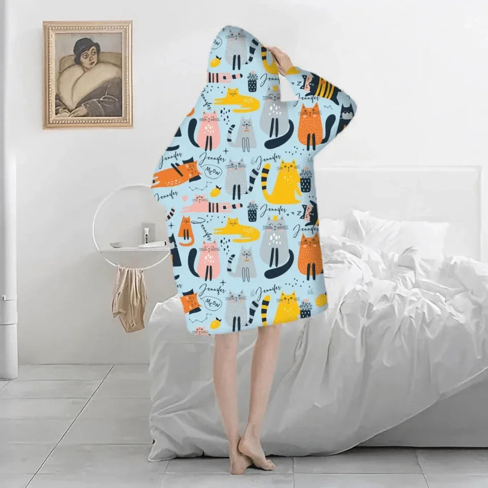 Cat Pattern Customized Blanket Hoodie - Personalized Name Cartoon Comfort Pajamas - A Gift For Yourself,Friend,Family,Cat Lovers