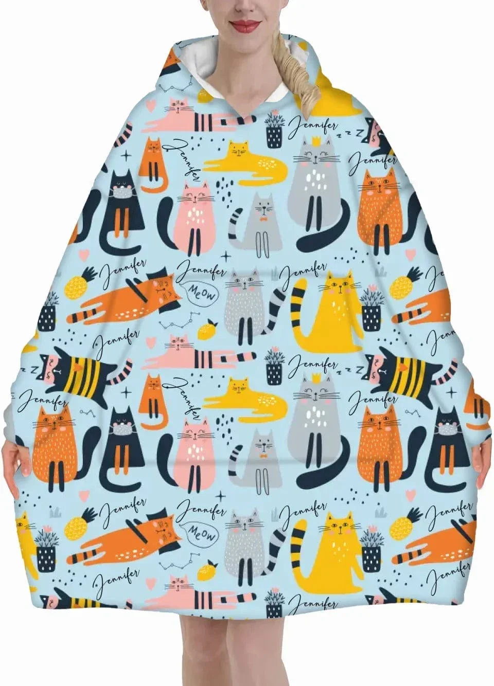 Cat Pattern Customized Blanket Hoodie - Personalized Name Cartoon Comfort Pajamas - A Gift For Yourself,Friend,Family,Cat Lovers