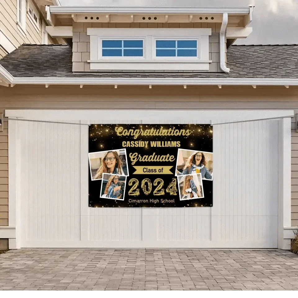 2024 Gold Sketch 4 Photo Collage Graduation Party Banner - Joliny