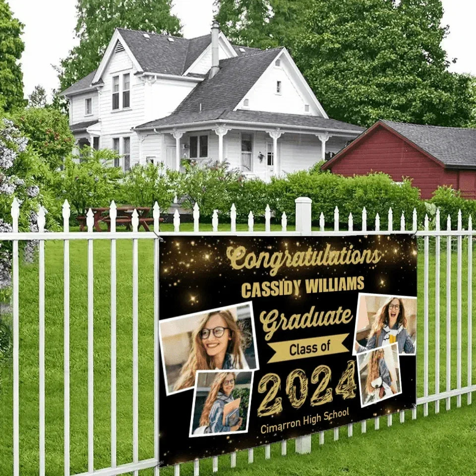 2024 Gold Sketch 4 Photo Collage Graduation Party Banner - Joliny