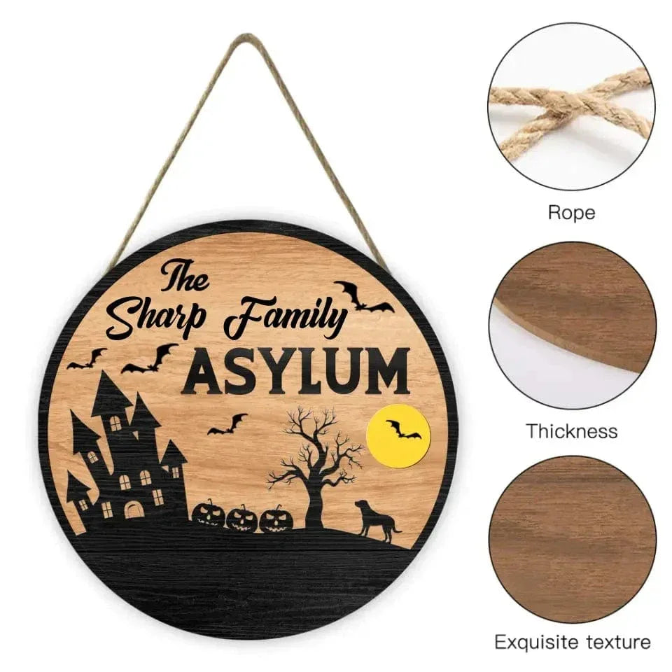 Asylum Family Sign - Family Personalized Custom Shaped Home Decor Wood Sign - Halloween Gift, House Warming Gift For Family Members - Joliny
