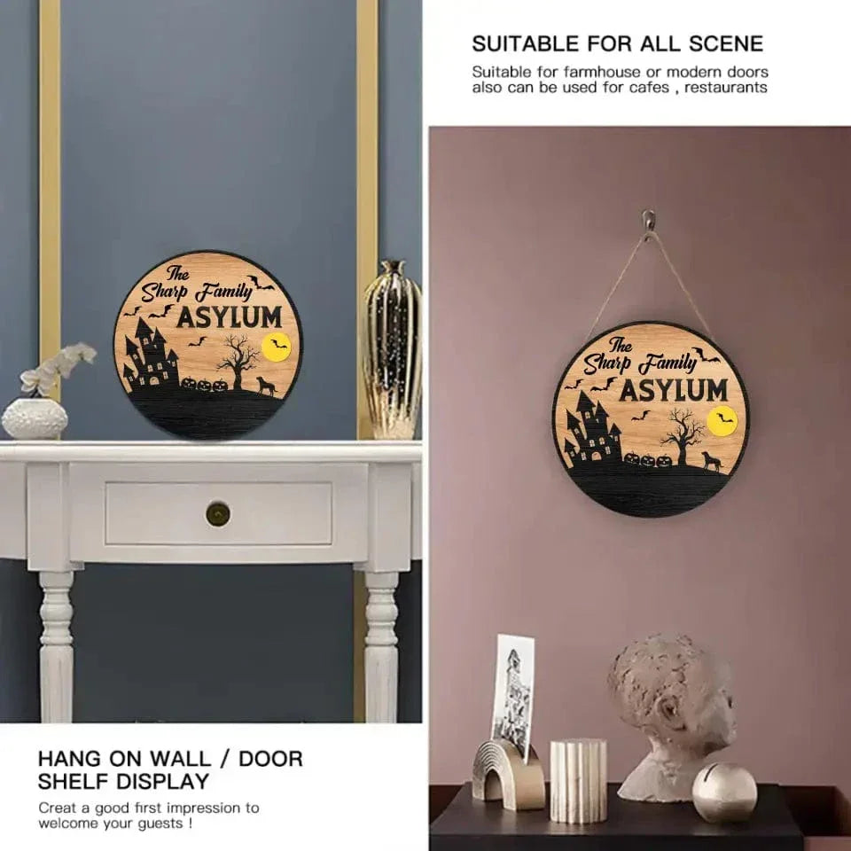 Asylum Family Sign - Family Personalized Custom Shaped Home Decor Wood Sign - Halloween Gift, House Warming Gift For Family Members - Joliny