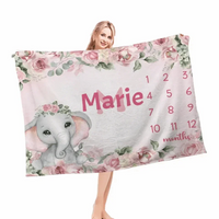 Baby Girl Monthly Milestone Blanket, Floral Elephant Blanket for Newborn Baby Shower - Joliny