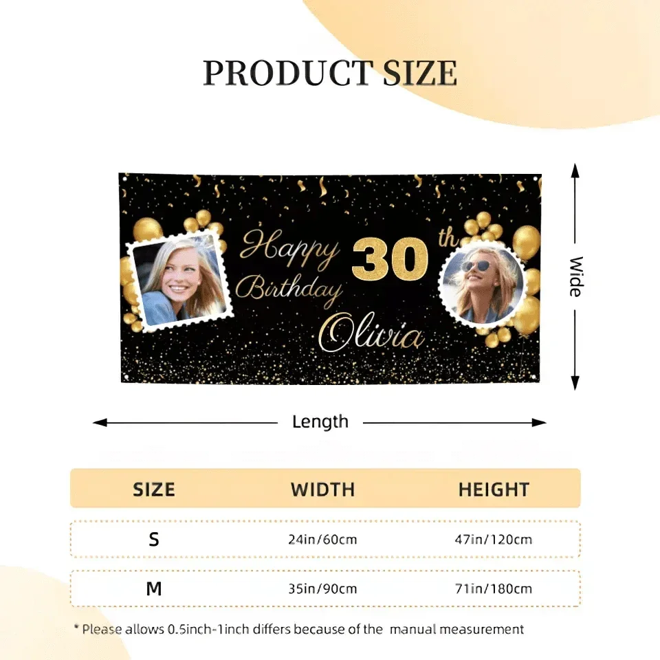 Birthday Personalized Banner With Photo, Gold Party Decoration - Joliny