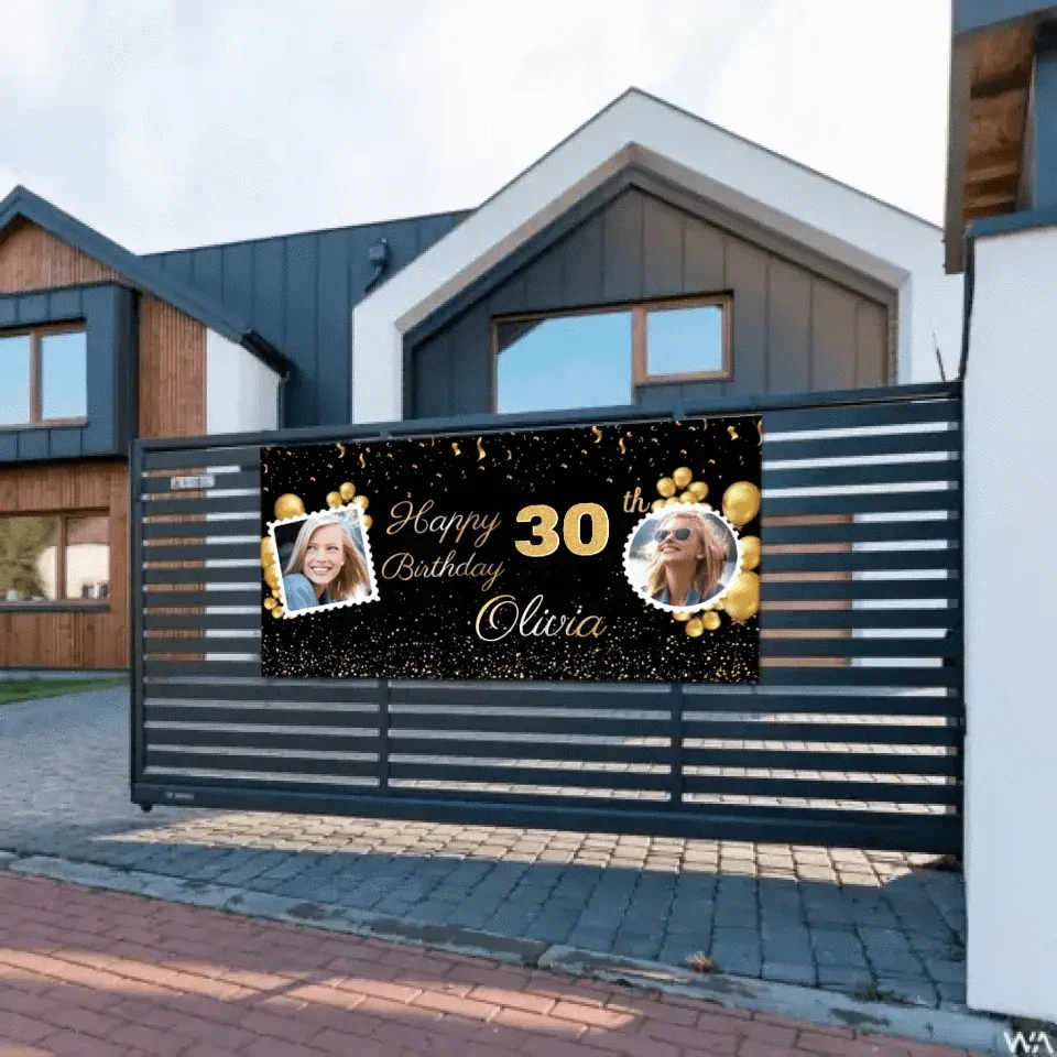 Birthday Personalized Banner With Photo, Gold Party Decoration - Joliny