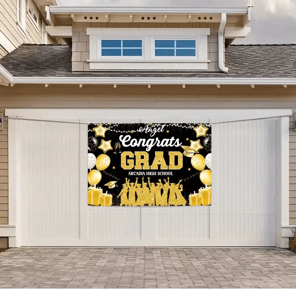 Blue and Gold Large Size Congrats Grad Background Banner, Balloon Star and Small Round White Lamp - Joliny