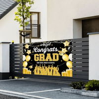 Blue and Gold Large Size Congrats Grad Background Banner, Balloon Star and Small Round White Lamp - Joliny