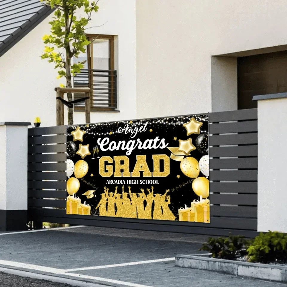 Blue and Gold Large Size Congrats Grad Background Banner, Balloon Star and Small Round White Lamp - Joliny