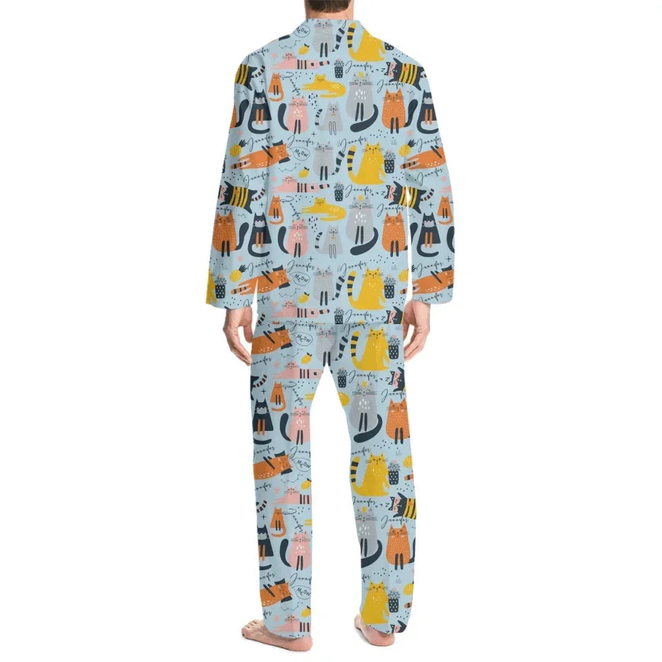 Cat Pattern Customized Pajama Set - Personalized Name Cartoon Comfort Pajamas - A Gift For Yourself,Friend,Family,Cat Lovers - Joliny